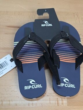 Rip Curl Kids Black & Navy Striped Flip Flops Size 2